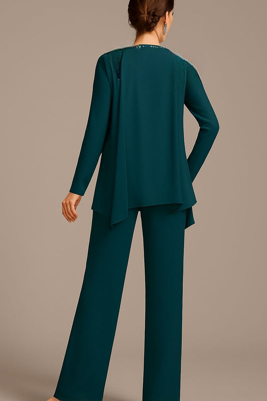 Traje de fiesta Tamy en color petróleo de 3 piezas aplicaciones sutiles en chaqueta