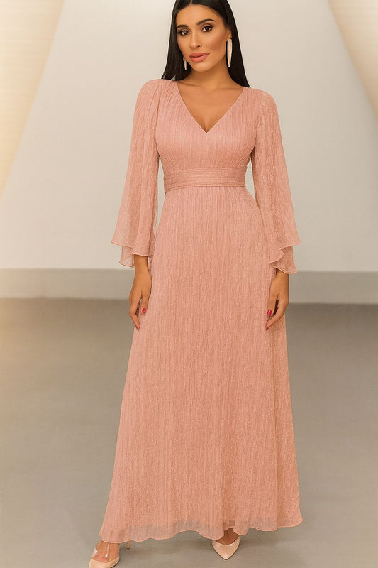 Vestido de fiesta Sonia con mangas y escote en V muy liviano , elegante, brillo sutil