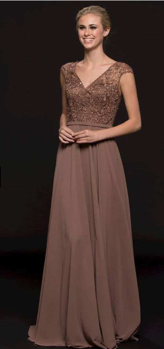 Vestido de fiesta Ángela color marrón talla 40 con brillo sutil superior