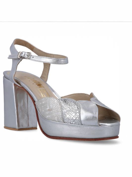 SANDALIA DE CUERO PARA NOVIA O FIESTA PLATEADAS TACO 9,5 CMS PLATAFORMA 2 CMS