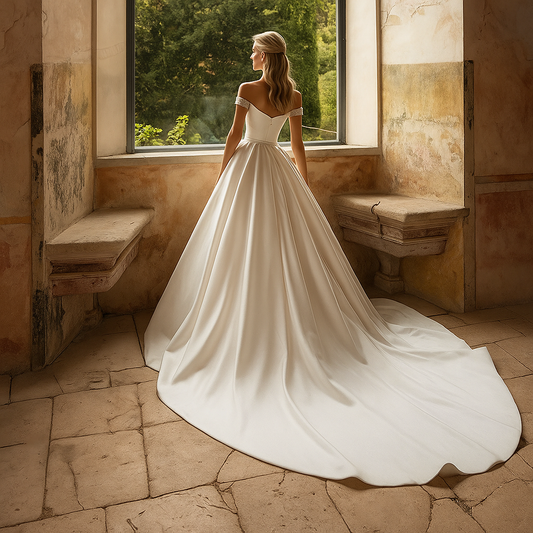 VESTIDO DE NOVIA CANDELARIA ESTILO PRINCESA ,HOMBROS DESCUBIERTOS EN RASO Y APLICACIONES