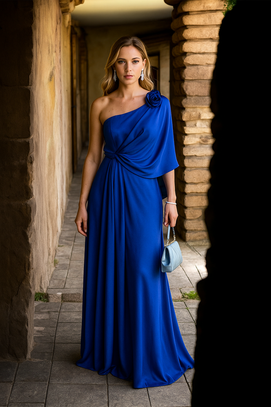 Vestido de fiesta Emma en gasa y raso ,corte asimétrico y de gran versatilidad