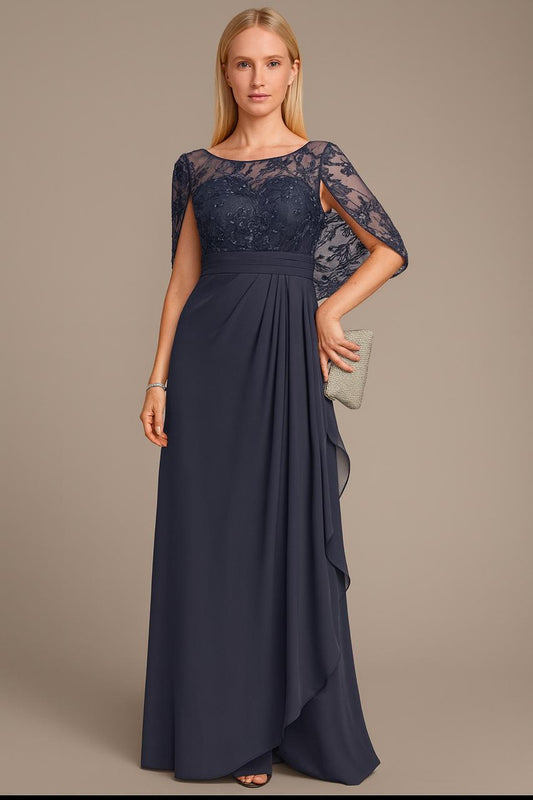 Vestido de fiesta Marcia con manga capa , aplicaciones y encaje