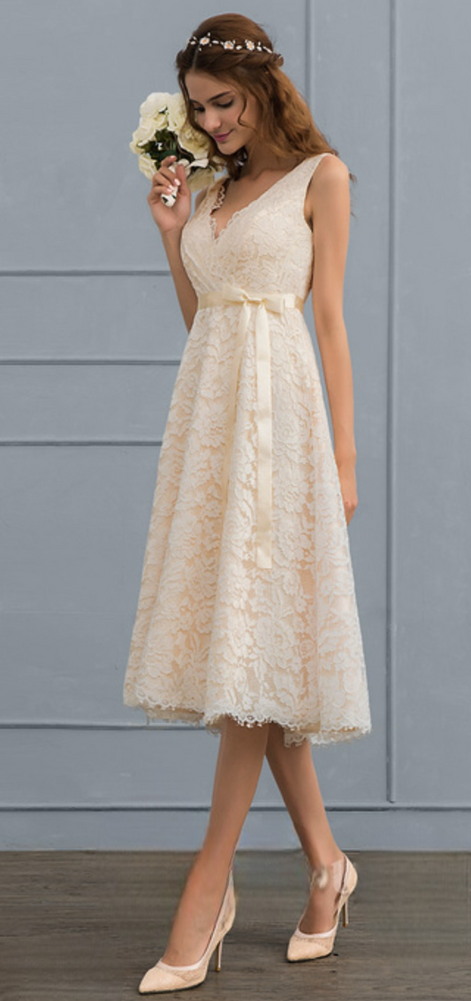 VESTIDO CIVIL AMMY EN MACRAMÉ Y LAZO EN LA CINTURA