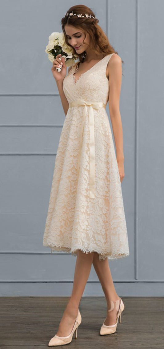 VESTIDO CIVIL AMMY EN MACRAMÉ Y LAZO EN LA CINTURA