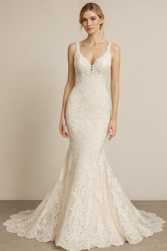 VESTIDO DE NOVIA AZUCENA ESTILO SIRENA ,MACRAMÉ Y HERMOSA COLA