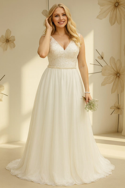 VESTIDO DE NOVIA CINDY EN ENCAJE DE ALGODÓN Y GASA