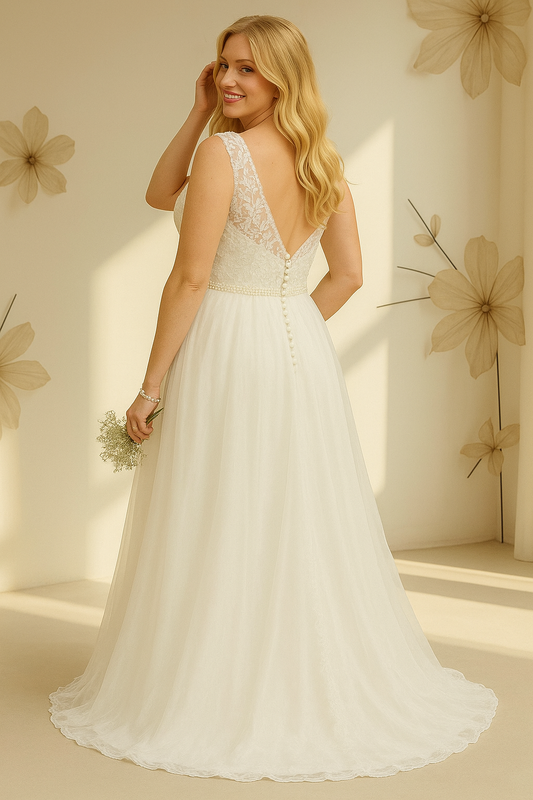 VESTIDO DE NOVIA CINDY EN ENCAJE DE ALGODÓN Y GASA