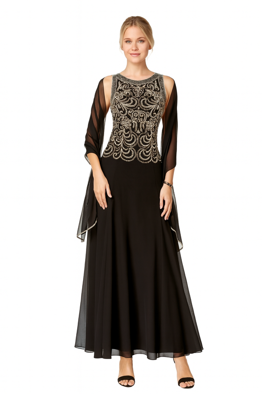 Vestido de fiesta Marinier con aplicaciones superiores en plata y dorado y falda en gasa vaporosa