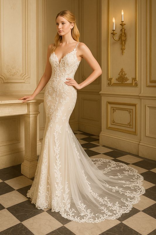 VESTIDO DE NOVIA AZALEIA ESTILO SIRENA ,MACRAMÉ Y HERMOSA COLA