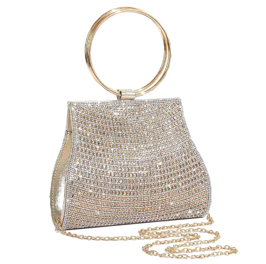 Bolso de fiesta con manilla y cadena para colgar en tono dorado