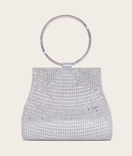 Bolso de fiesta Platino en tonos plateados con mango y cadena para colgar