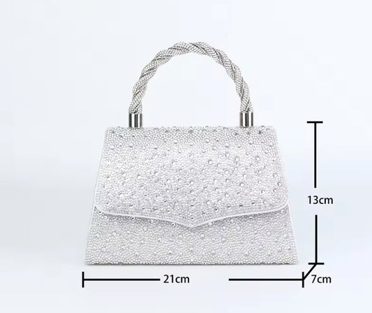 Bolso de fiesta plate star en tonos plateados y aplicaciones brillantes con mango y cadena para colgar