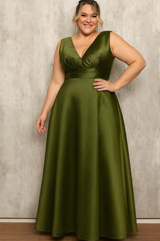 Vestido de fiesta Isabel en raso y caída evasé con cinturón y abertura color verde oliva