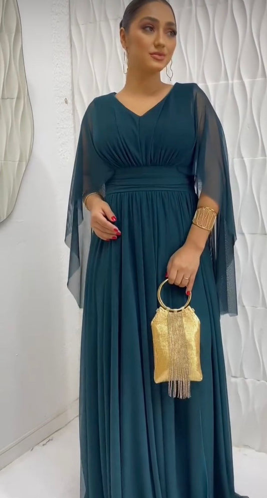 Vestido de fiesta Gaby ,drapeado en la cintura y manga ala muy liviano