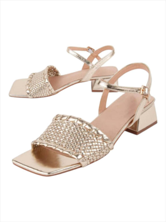 Sandalia española trenzada oro , taco 3 cms
