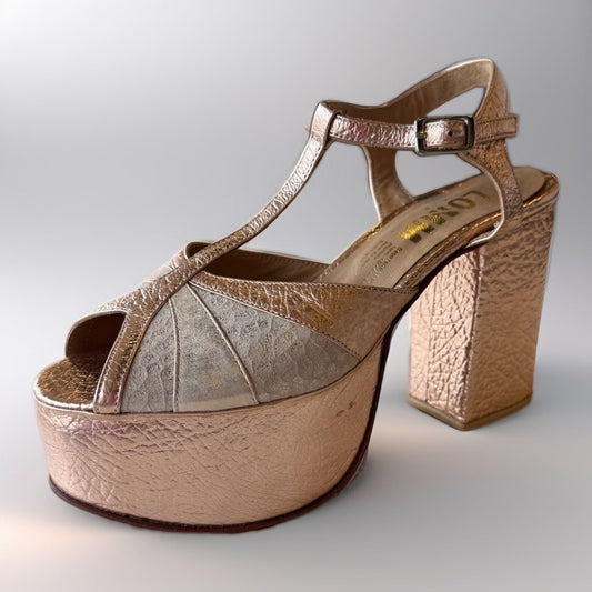 Sandalia argentina de cuero Allium cobre para fiesta, taco 11 cms y plataforma 5,5 cms