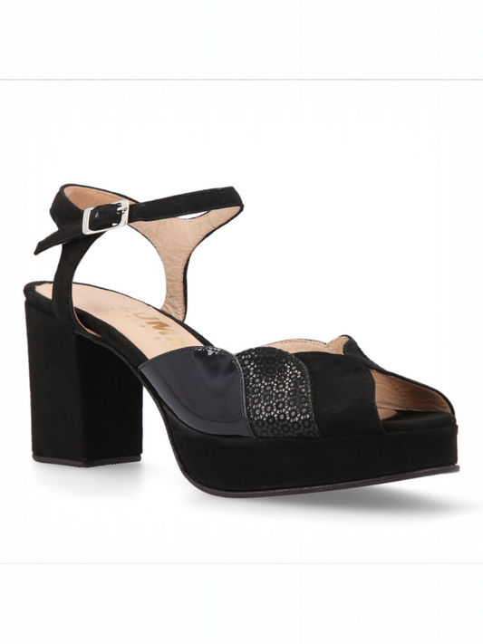 SANDALIA ARGENTINA  DE CUERO PARA FIESTA ARENARIA BLACK TACO 8 CMS Y PLATAFORMA 2CMS