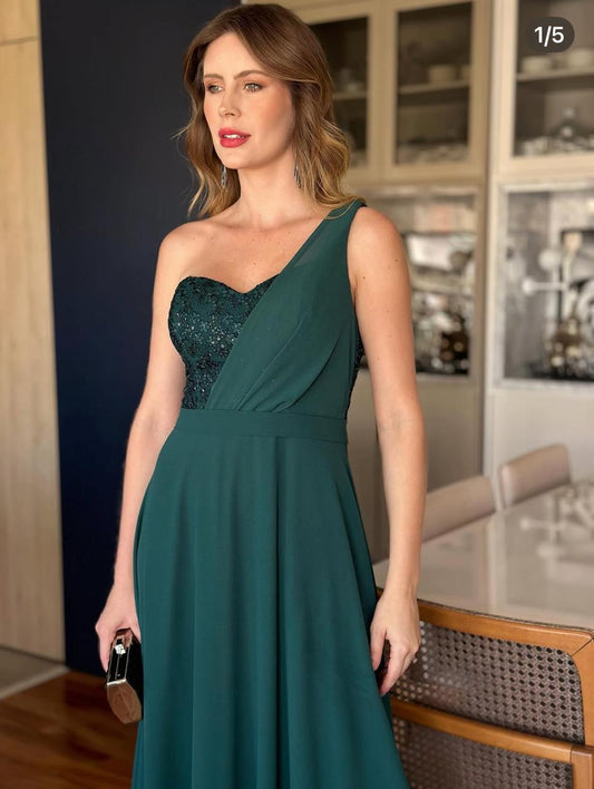 VESTIDO DE FIESTA CLOEAU ASIMETRICO EN TONO VERDE