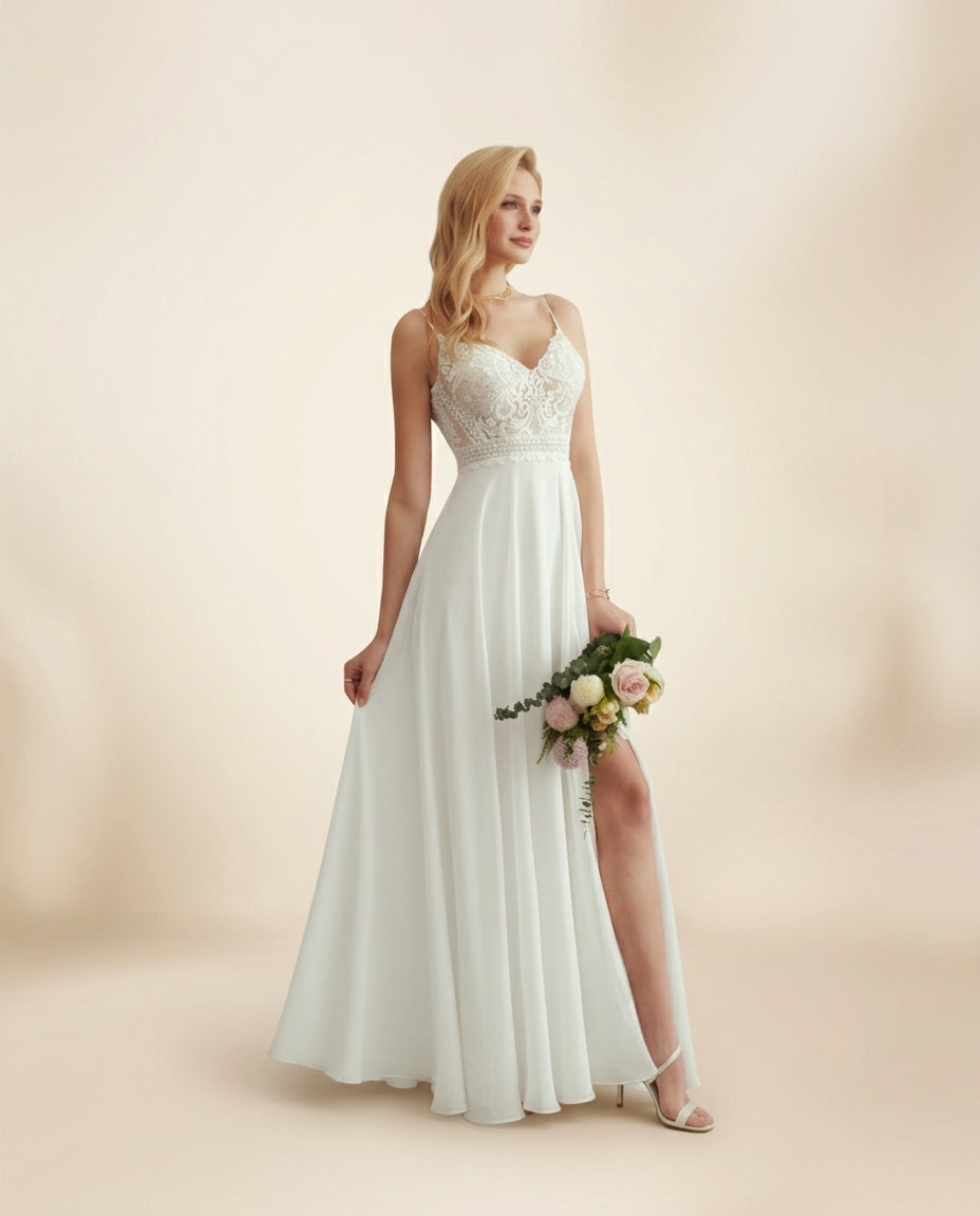 Vestido de novia Allison, liviano, vaporoso y de elegante sencillez