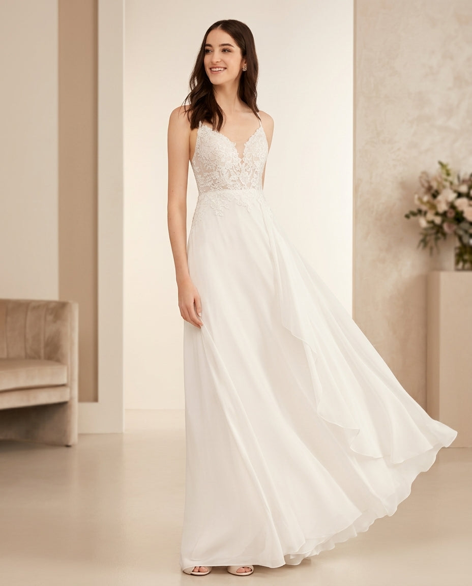 Vestido de novia Lily muy liviano y vaporoso ,volante delantero