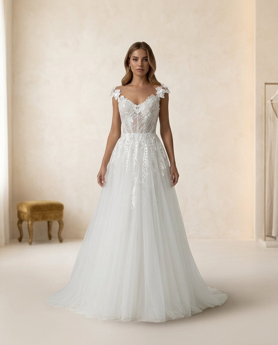 Vestido de novia Francis estilo princesa con macramé y transparencia