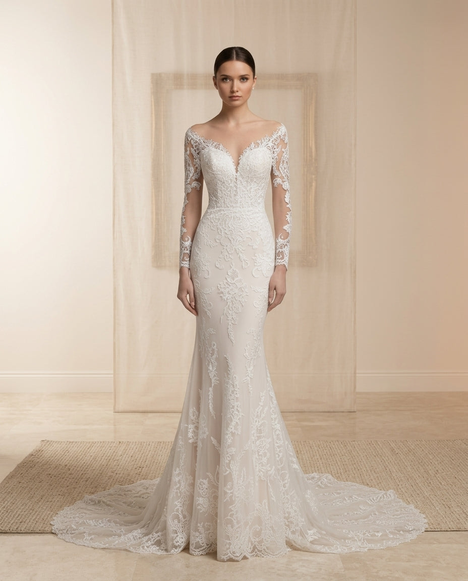 Vestido de novia Magnolio estilo trompeta con mangas y escote corazon