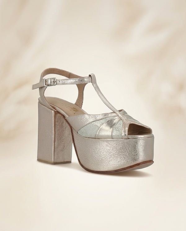 Sandalia de cuero para novia y fiesta Allium gold, taco 11 cms y plataforma 5,5 cms, procedencia Argentina