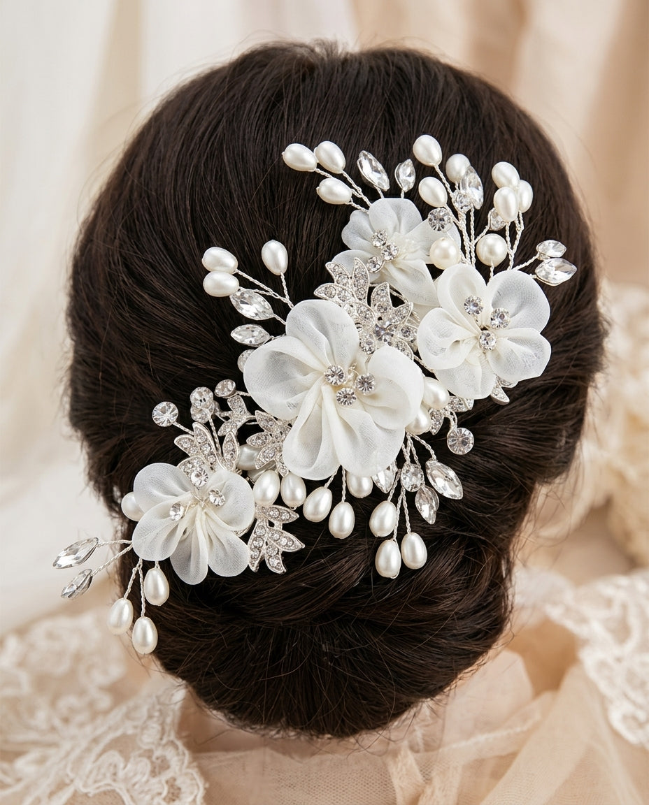 Tocado de cabello Edy en flores de tela y toques de perlas ,color plateado