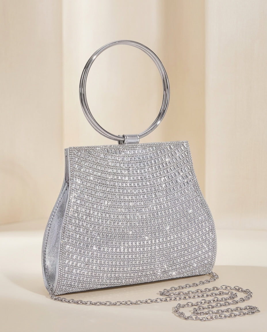 Bolso de fiesta Platino en tonos plateados con mango y cadena para colgar