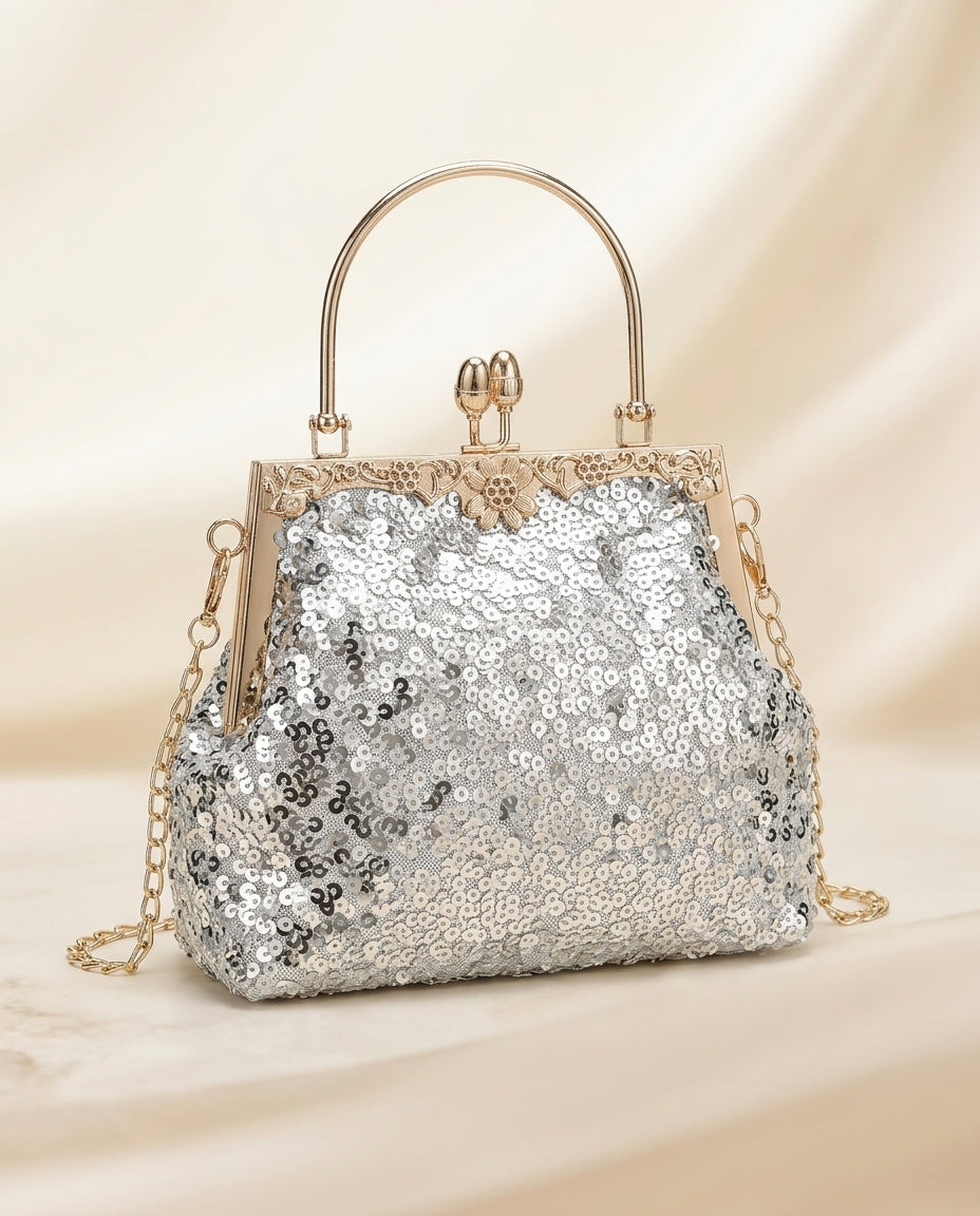 Bolso de fiesta resplandor para tonos plateados y dorados ,mango y cadena para colgar
