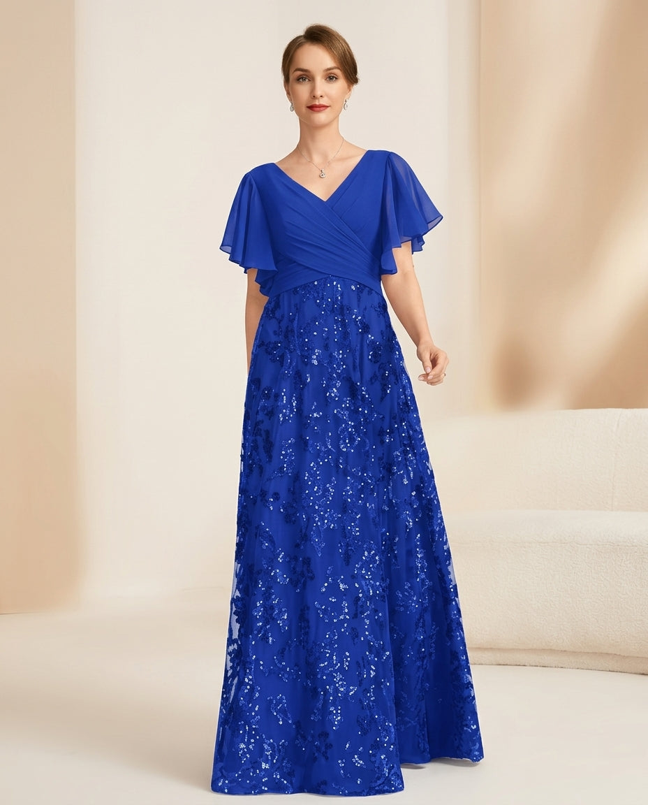 Vestido de fiesta Betty con falda bordad en brillo sutil y mangas acampanadas color azulino y talla XXL