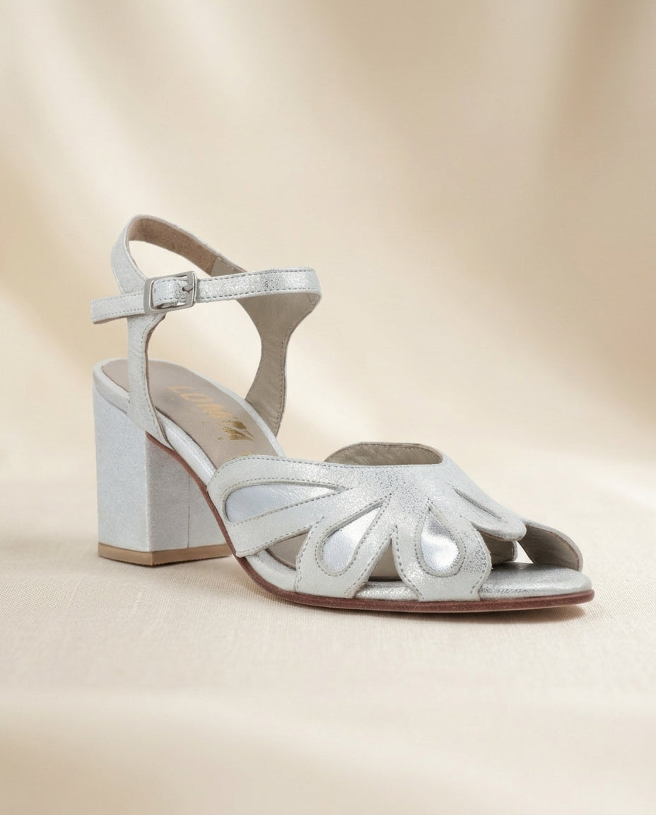 Sandalia de cuero para novia y fiesta Esmeralda, taco 7 cms procedencia Argentina