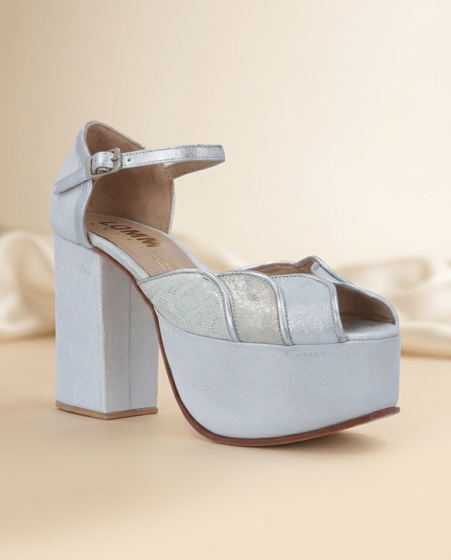 Sandalia de cuero para novia y fiesta Arenaría calliari  taco 11 cms y plataforma 5,5 cms