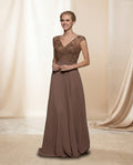 Vestido de fiesta Ángela color marrón talla 40 con brillo sutil superior