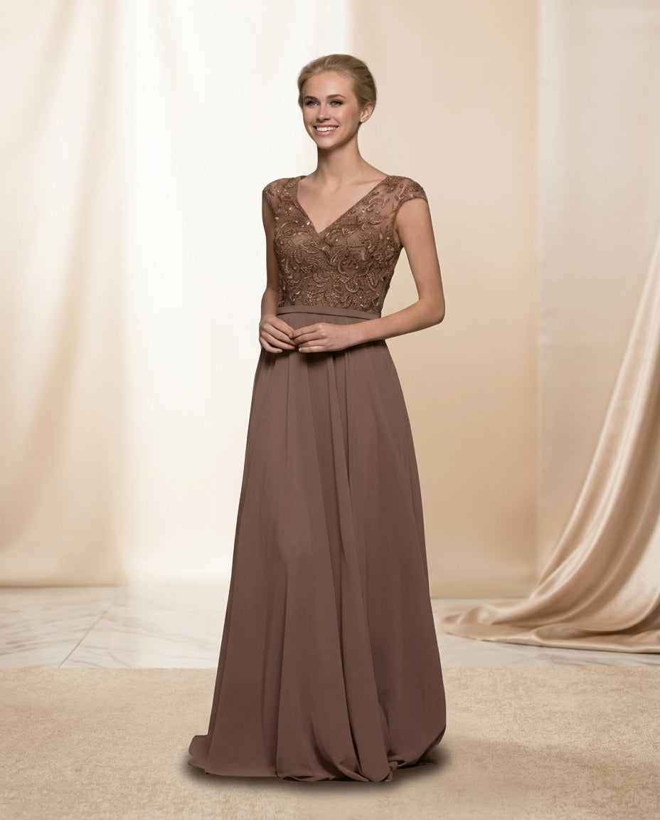 Vestido de fiesta Ángela color marrón talla 40 con brillo sutil superior