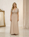 Vestido de fiesta Alex con corte simetrico y aplicaciones sutiles y elegantes talla 40 y color rosa palo