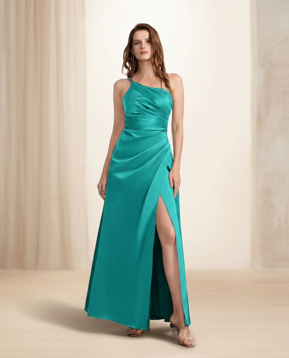 Vestido de fiesta Petra drapeado y asimétrico en color turquesa y talla 42