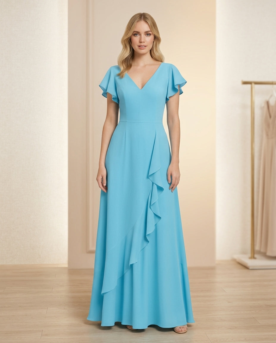 Vestido de fiesta Claus en color calipso escote en V y volantes