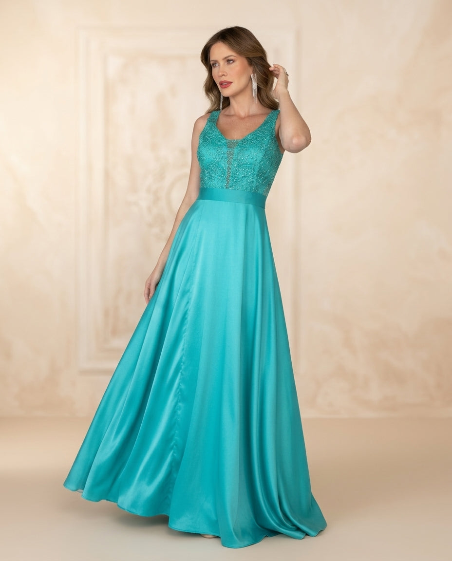 Vestido de fiesta Monic con falda en raso y brillo superior