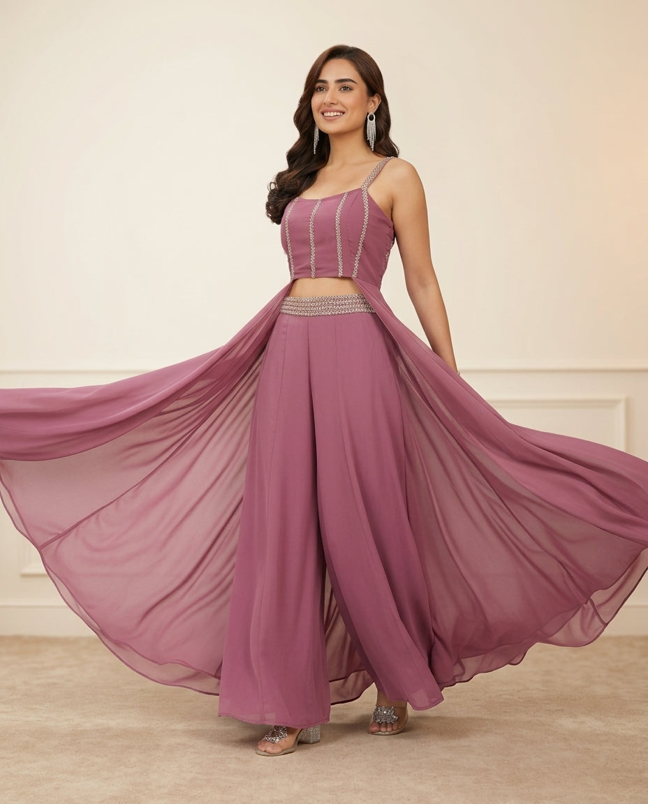 Traje de fiesta Bohemio color malva con aplicaciones y strapless