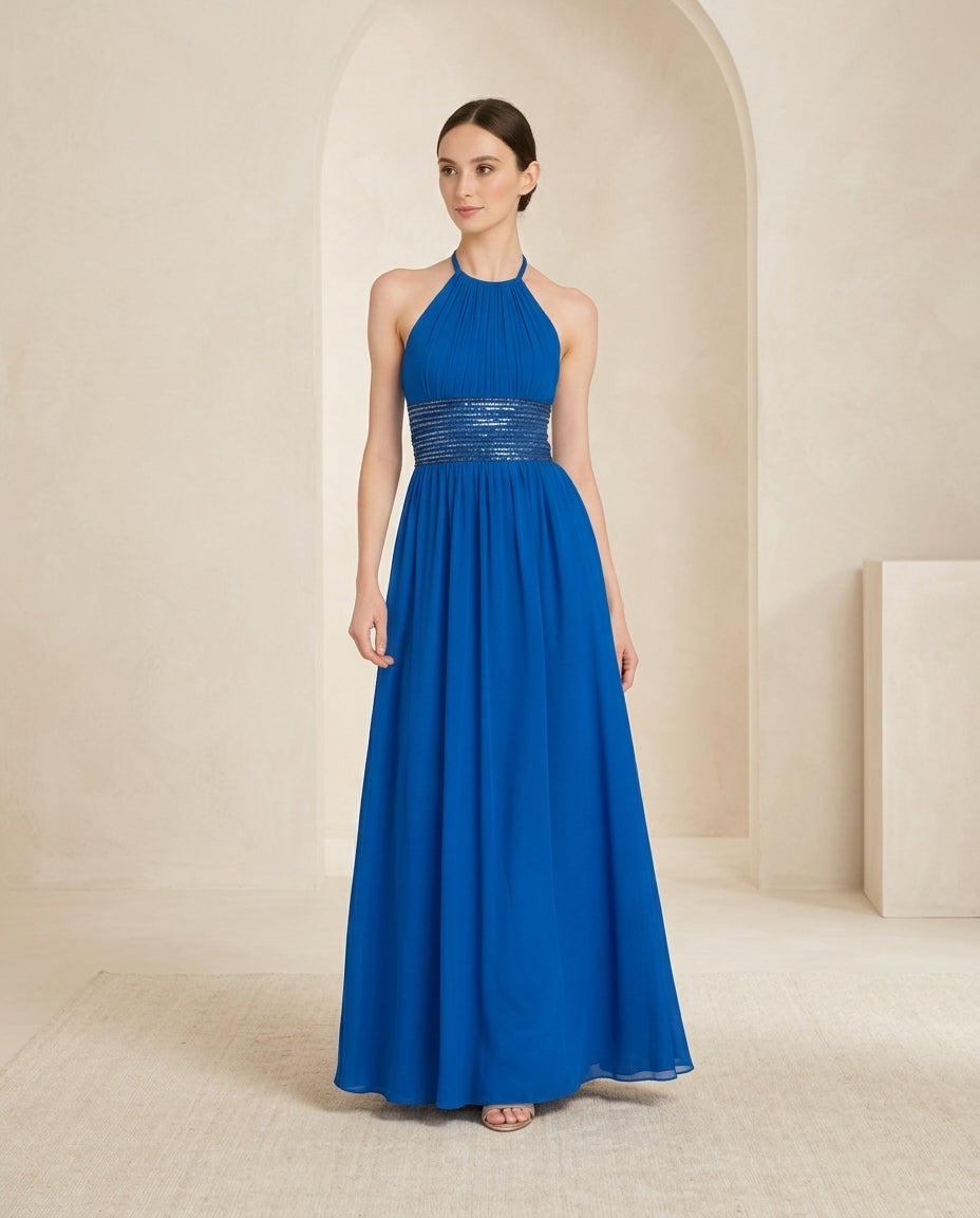 Vestido de fiesta Andrés cuello halter color azulino y aplicaciones en la cintura