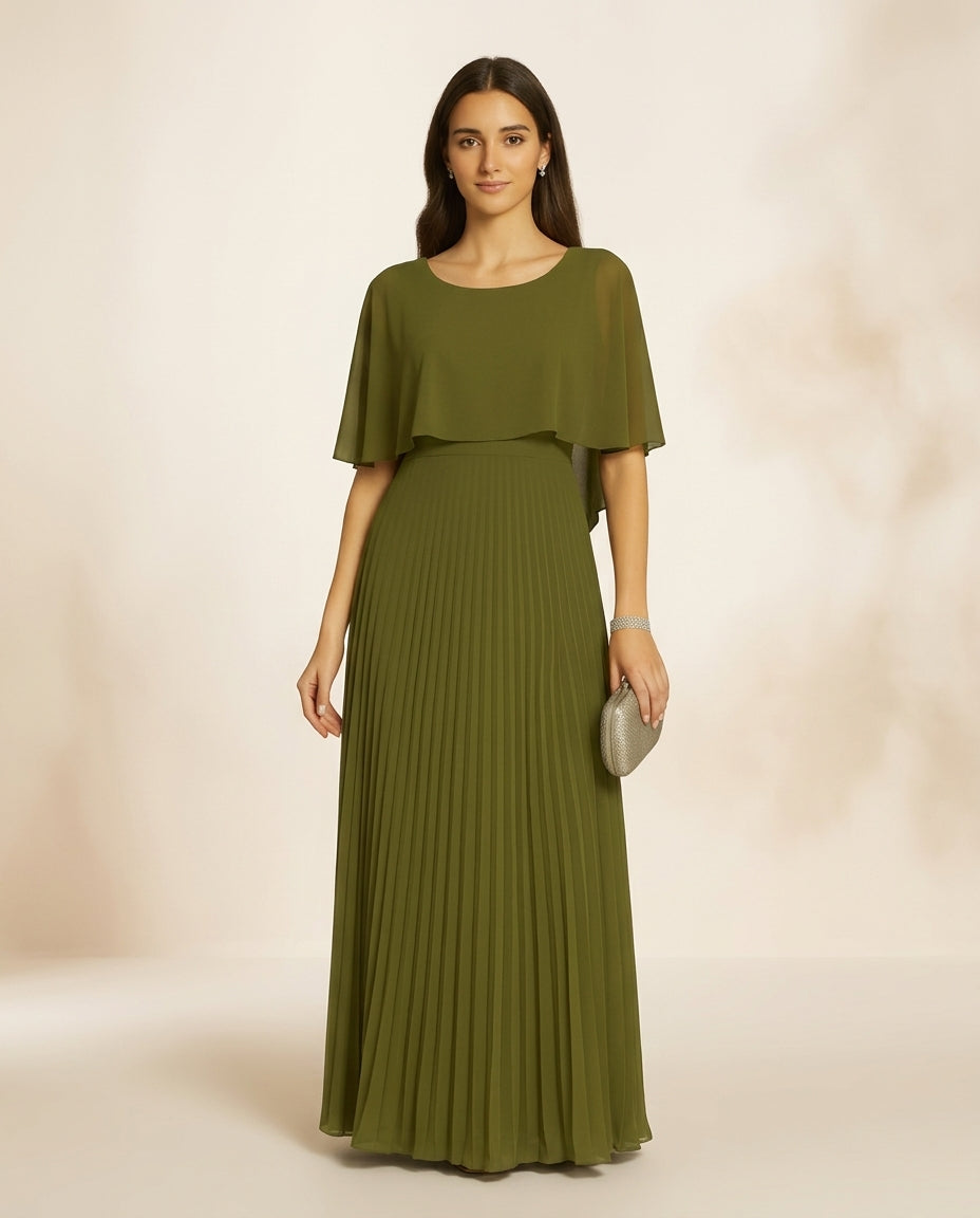 Vestido de fiesta Muriel con capita y falda plisada escote redondo