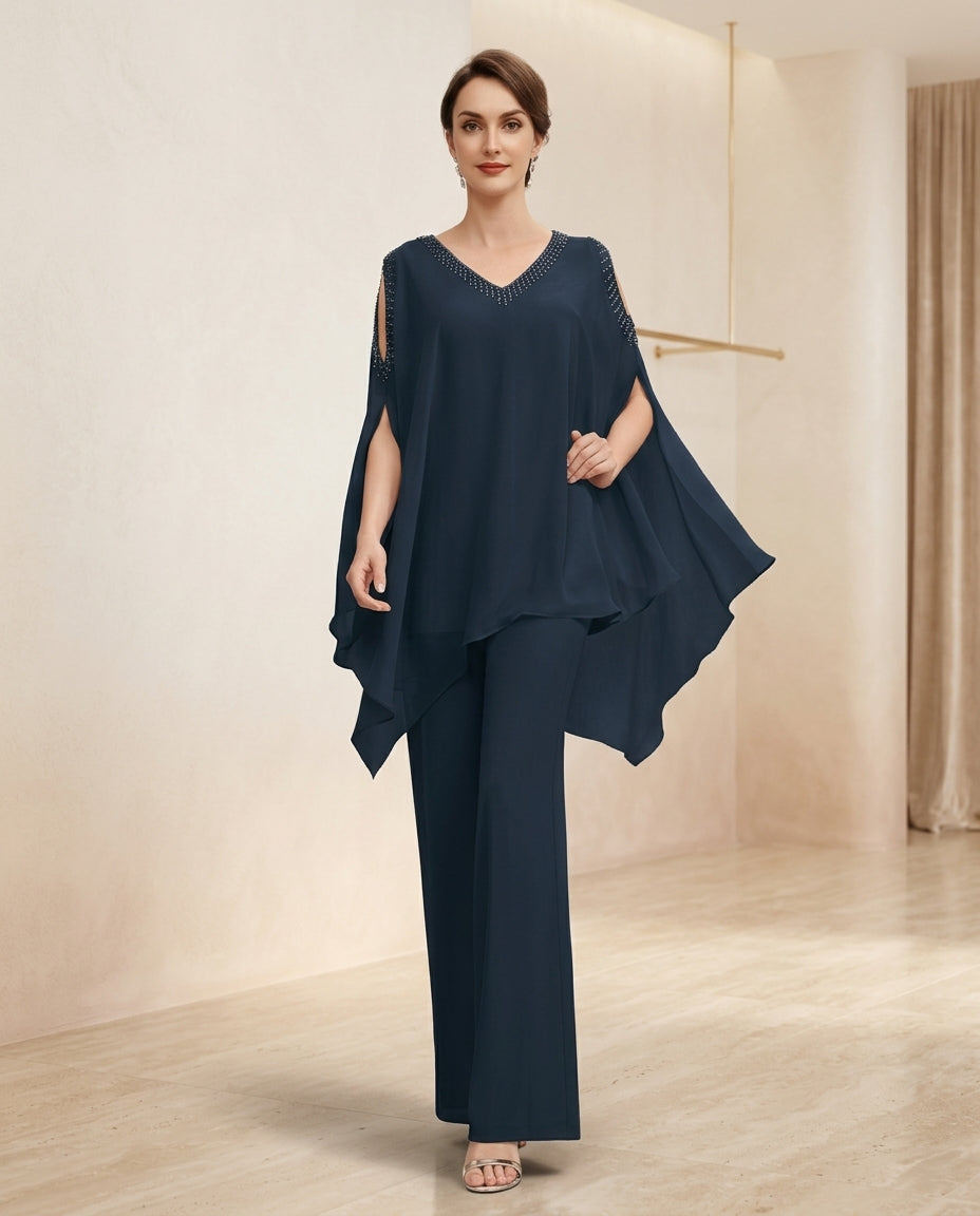 Traje de fiesta Marina en 2 piezas con aplicaciones sobre el escote