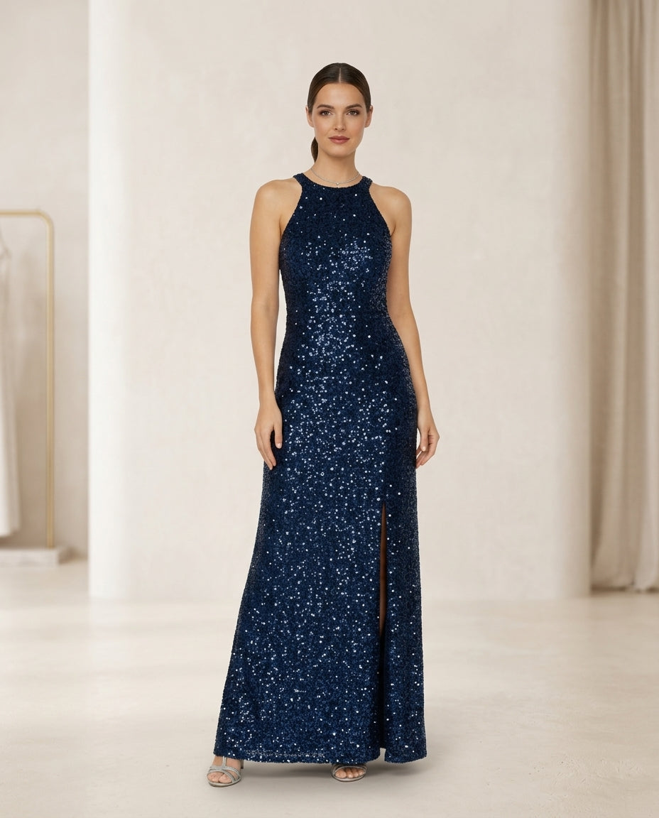 Vestido de fiesta Rosana en encaje y brillo leve ,color azul talla 44