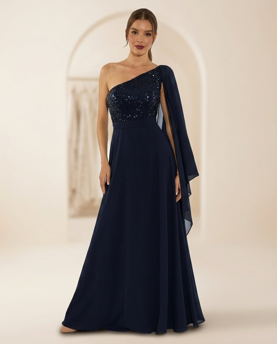 Vestido de fiesta melany asimétrico con manga capa ,brillos y glamour