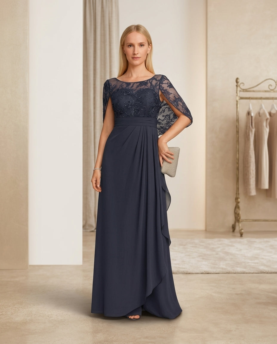 Vestido  de fiesta Marcia con manga capa , aplicaciones y encaje