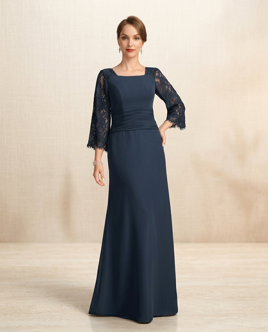 Vestido de fiesta Melania con mangas largas en elegante  encaje y corte drapeado en la cintura