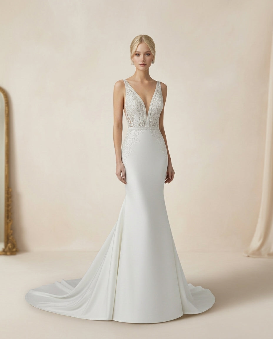 Vestido de novia Coquette en satin y macrame , estilo sirena