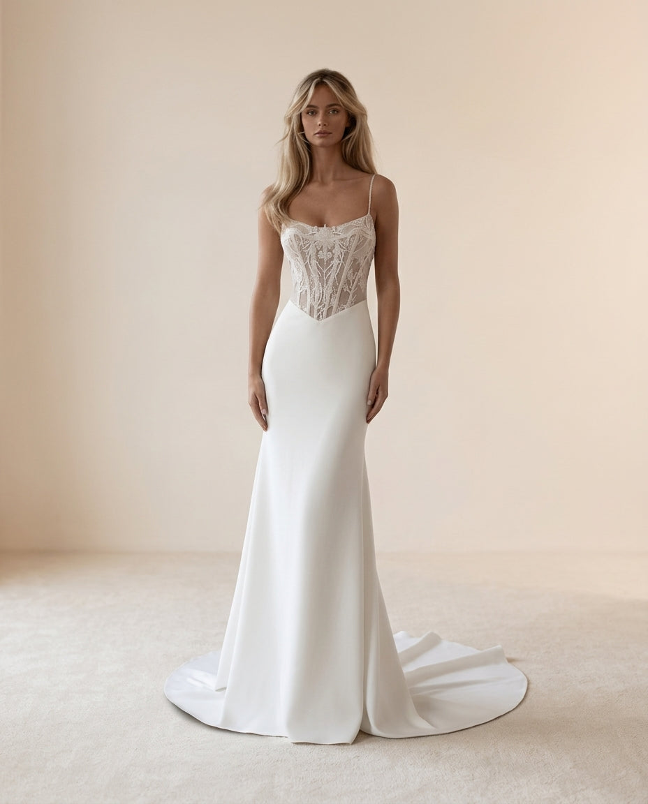 Vestido de novia Mandy estilo sirena con aplicaciones , elegante cola y delicada transparencia floral(preventa)